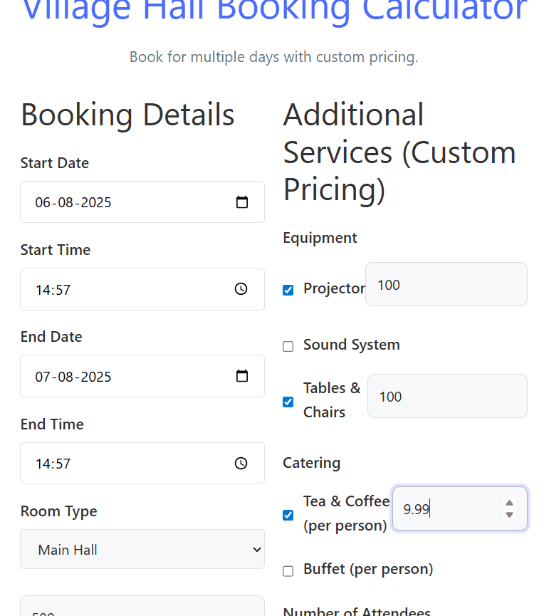 Village Hall Room Booking Calculator